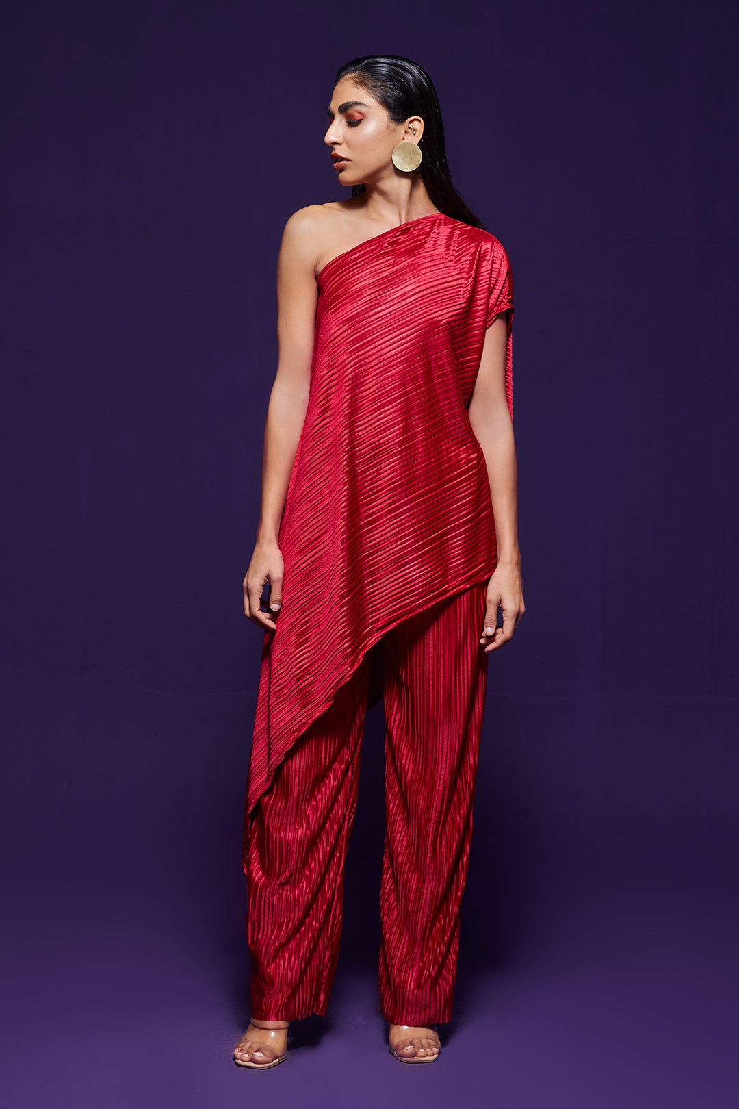 Red Pleated One-Shoulder Top