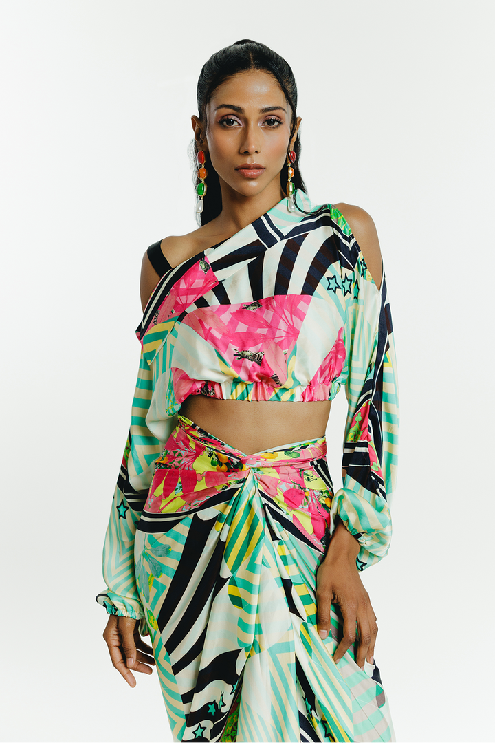 Green Print Wrap Skirt Co-ord Set