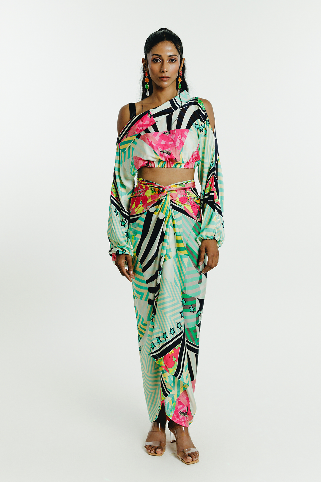 Green Print Wrap Skirt Co-ord Set