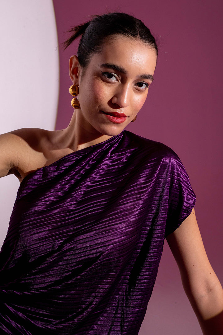 Purple Pleated One-Shoulder Dress