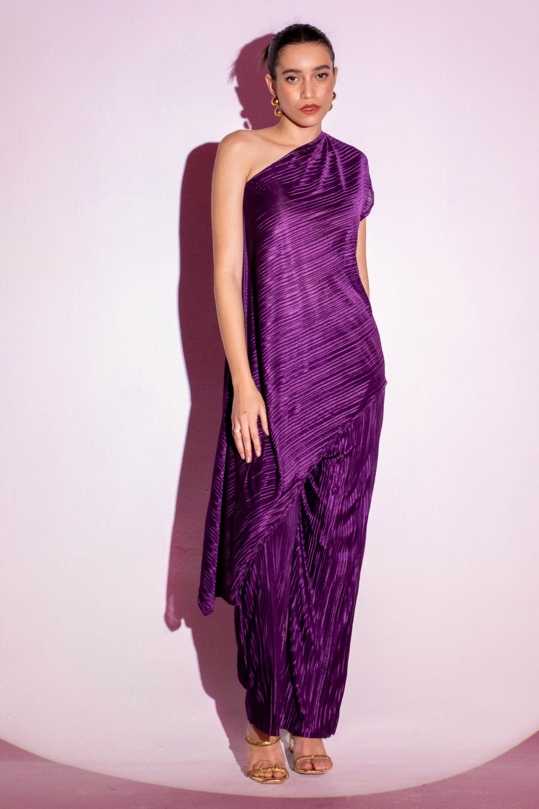 Purple Pleated One-Shoulder Dress