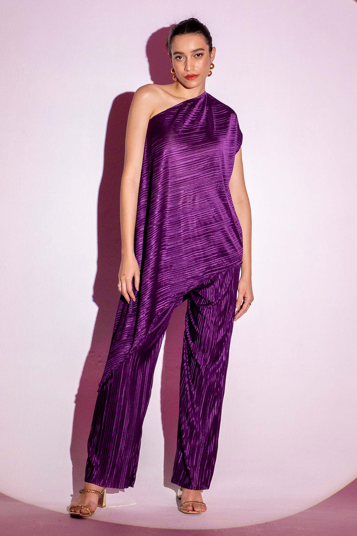 Purple Pleated One Shoulder Co-ord Set