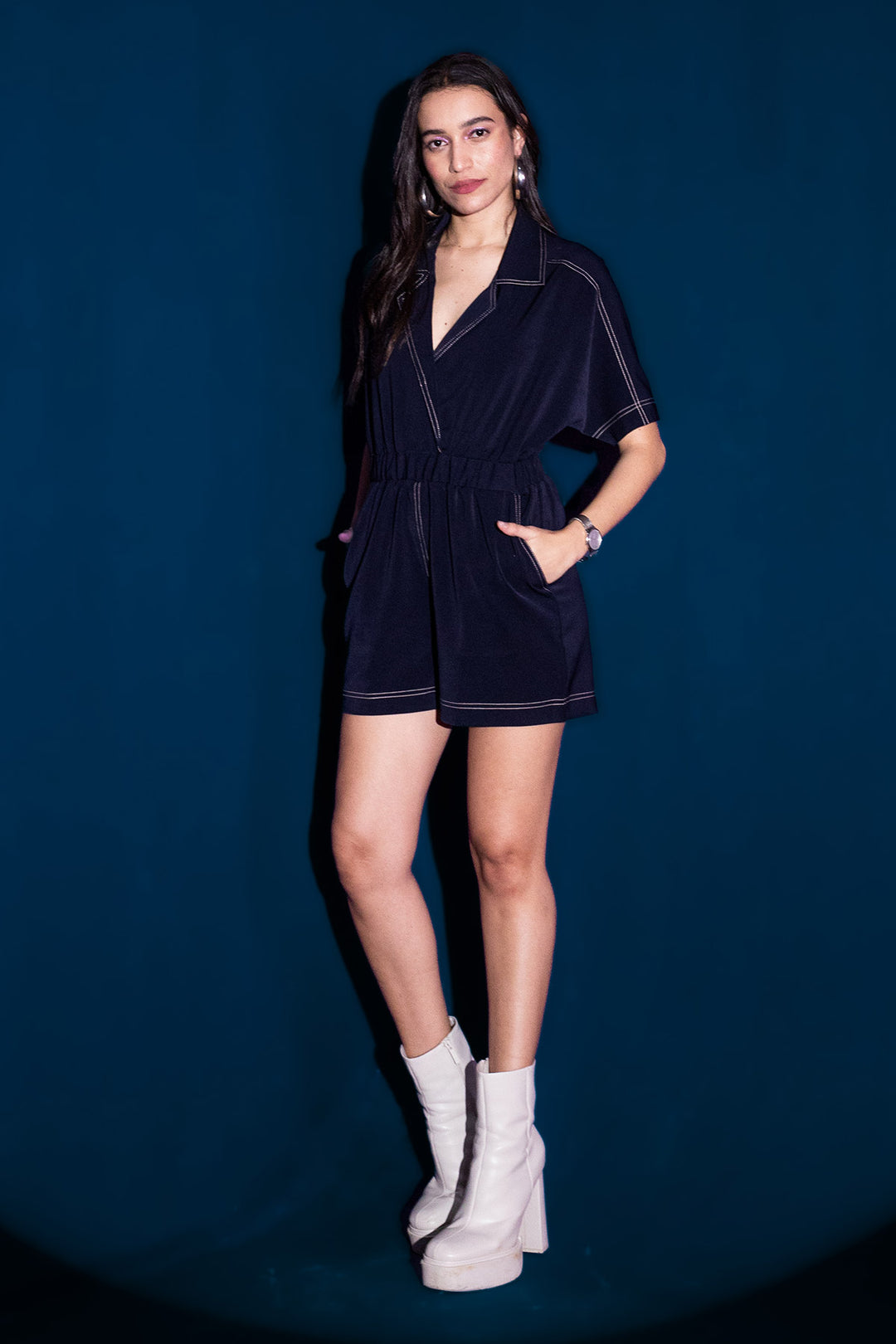 Navy Contrast Thread Jumpsuit