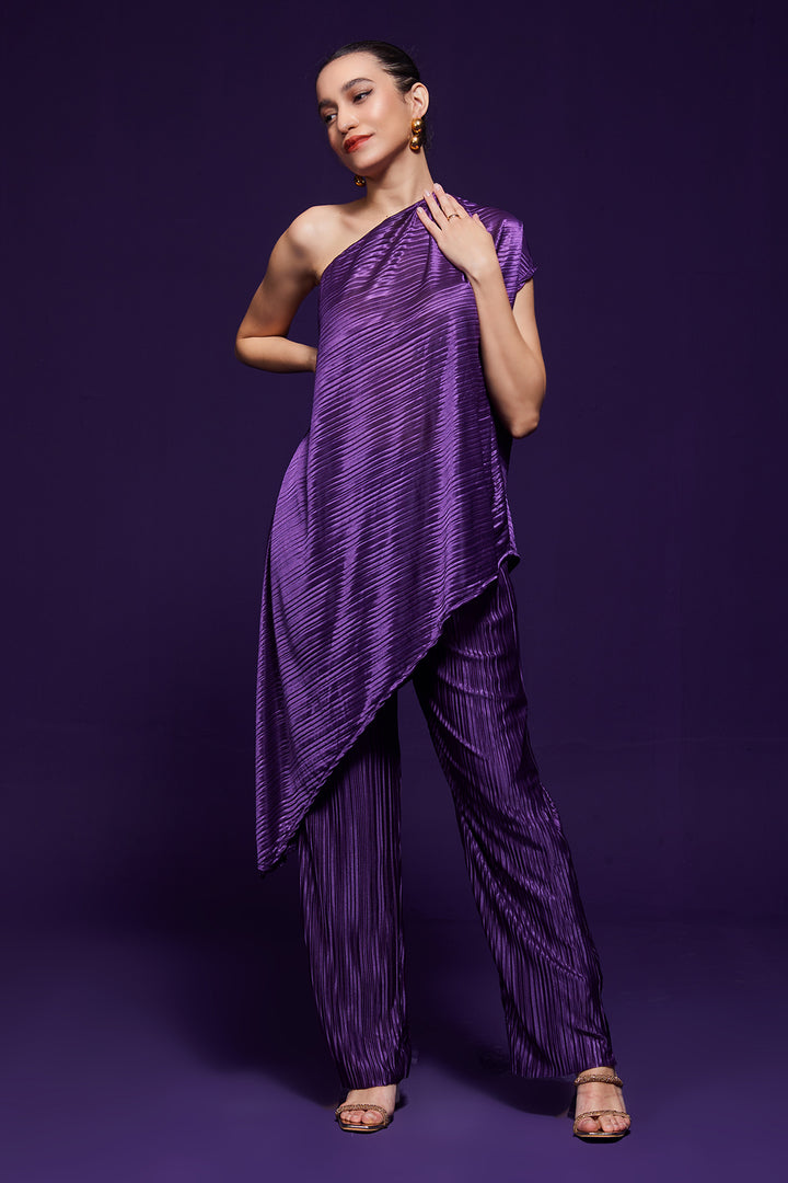 Purple Pleated One Shoulder Co-ord Set