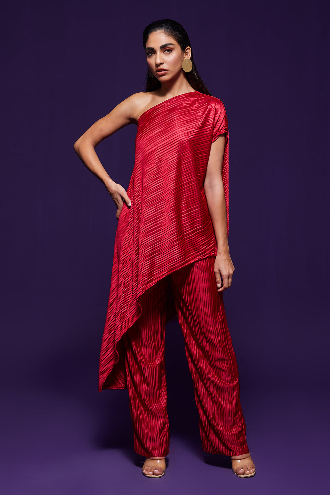 Red Pleated One-Shoulder Top