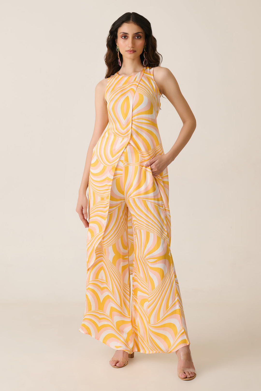 Yellow Illusion long slit top Co-ord