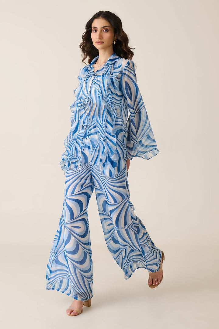 Blue Illusion Ruffle Shirt Co-ord