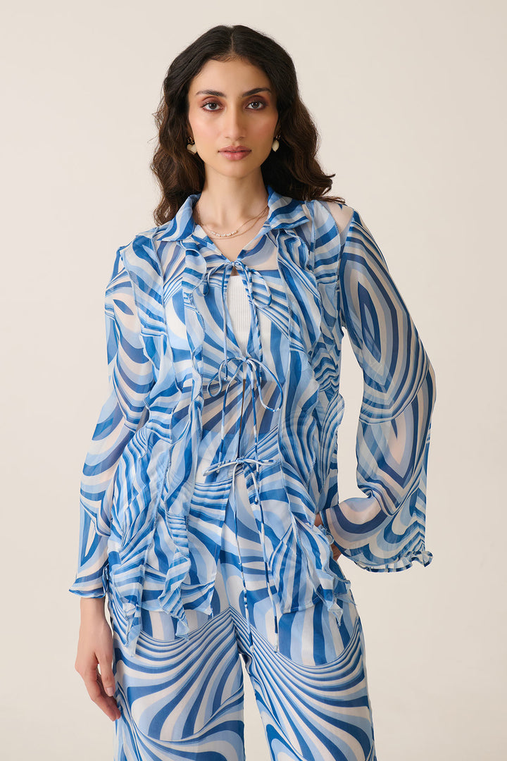 Blue Illusion Ruffle Shirt Co-ord