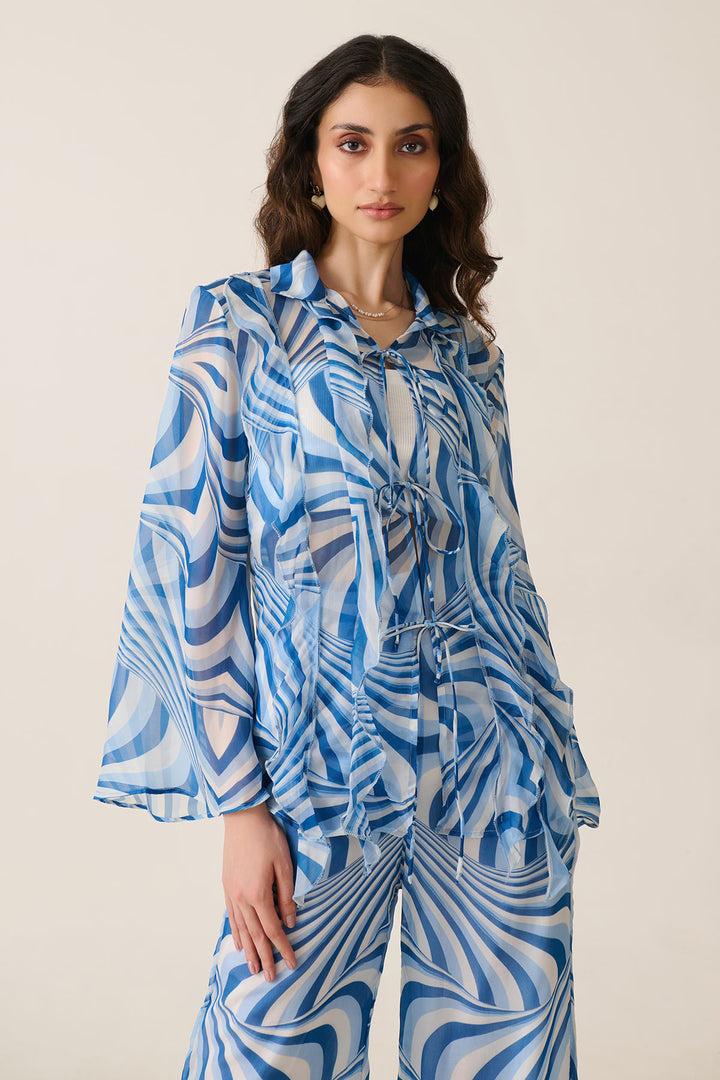 Blue Illusion Ruffle Shirt Co-ord