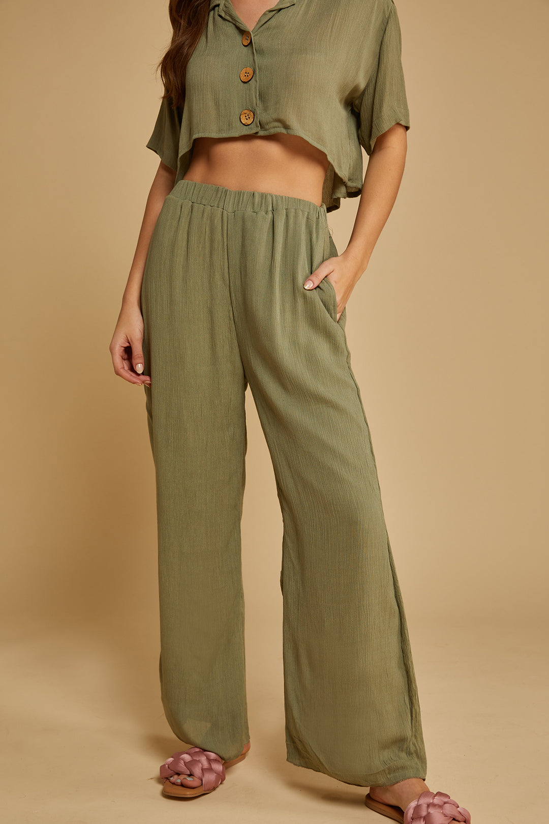 Olive Crinkled Trousers