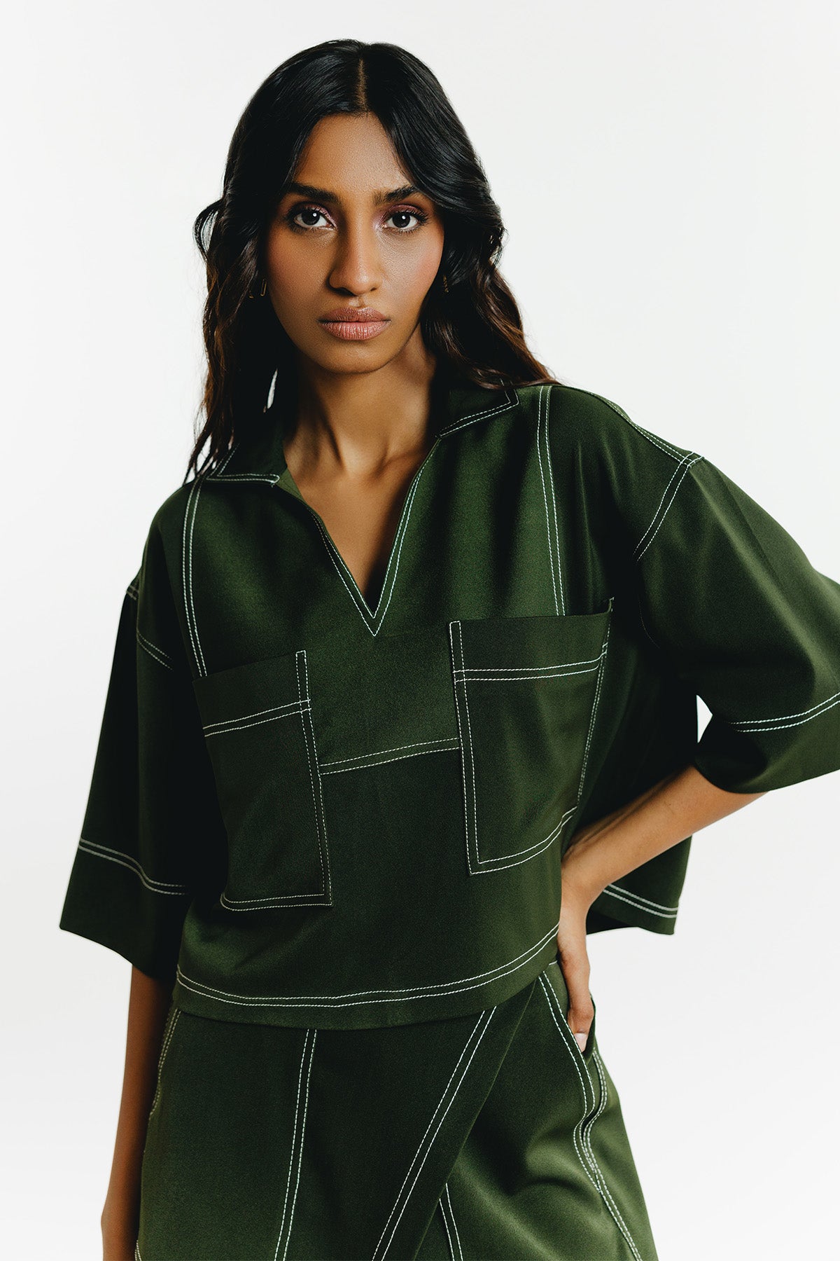 Olive Contrast Thread Crop top – pH Projecct