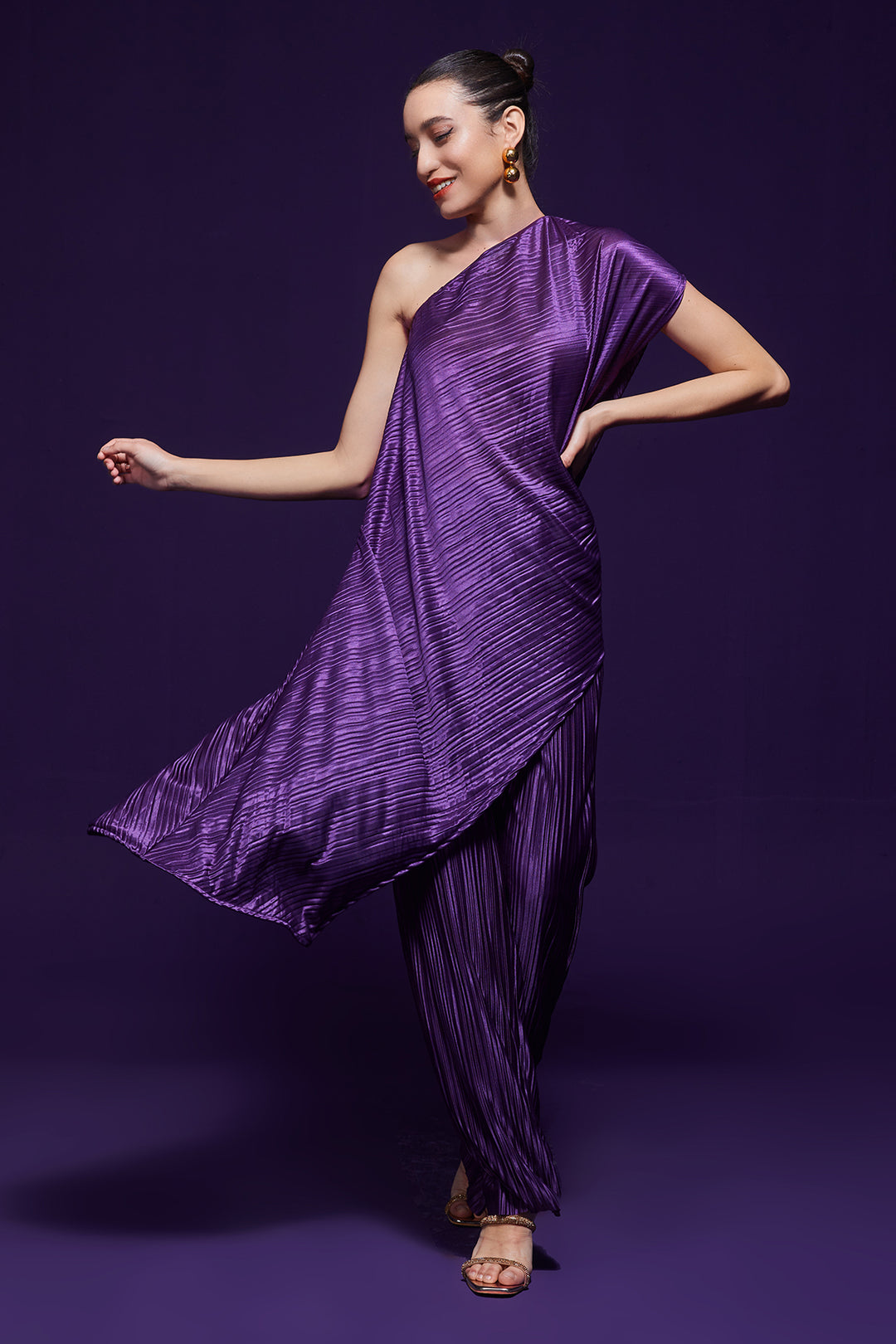 Purple Pleated One Shoulder Co-ord Set