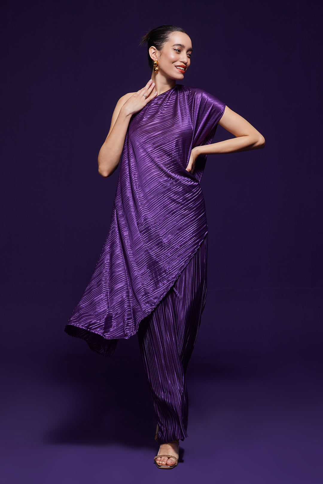 Purple Pleated One-Shoulder Dress