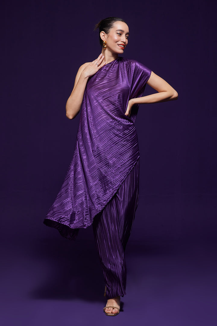 Purple Pleated One-Shoulder Dress