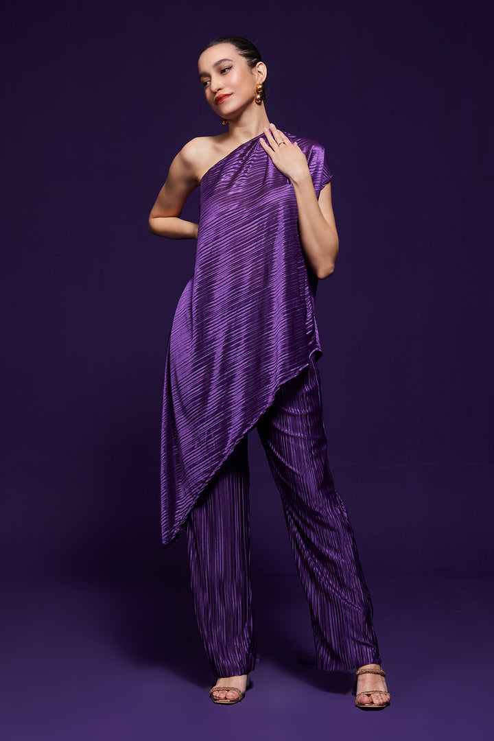 Purple Pleated One-Shoulder Dress