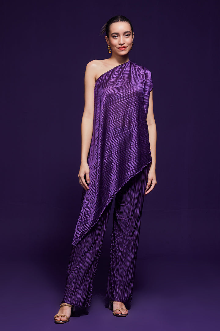 Purple Pleated One-Shoulder Dress