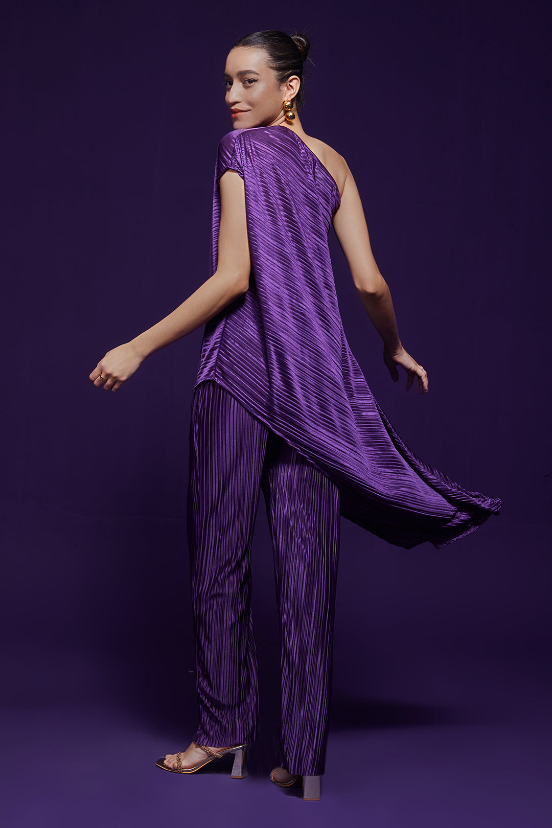 Purple Pleated One Shoulder Co-ord Set