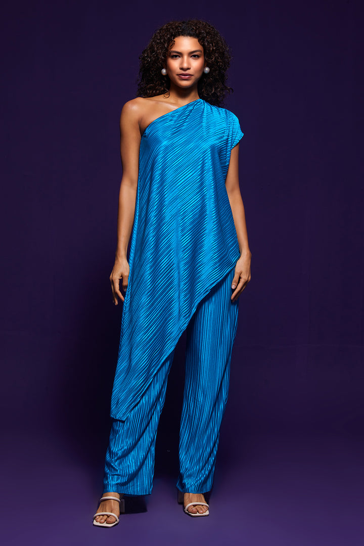 Blue Pleated One Shoulder Co-ord Set