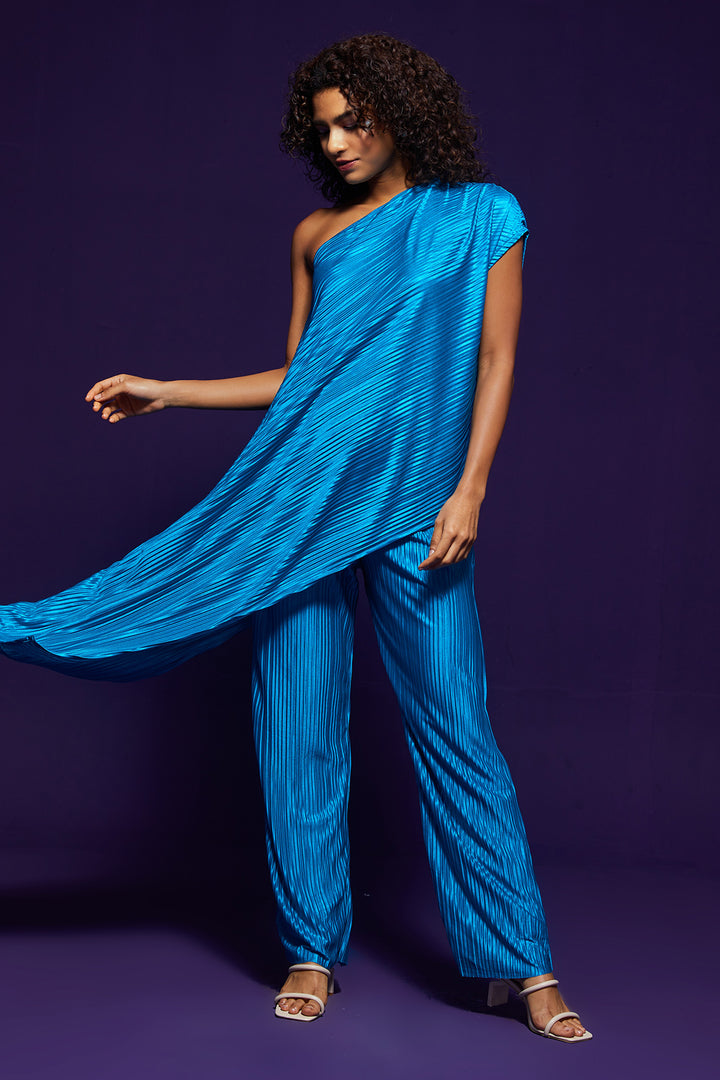 Blue Pleated One Shoulder Co-ord Set