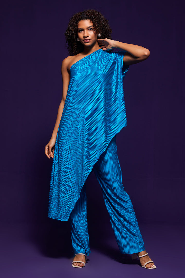 Blue Pleated One-Shoulder Dress