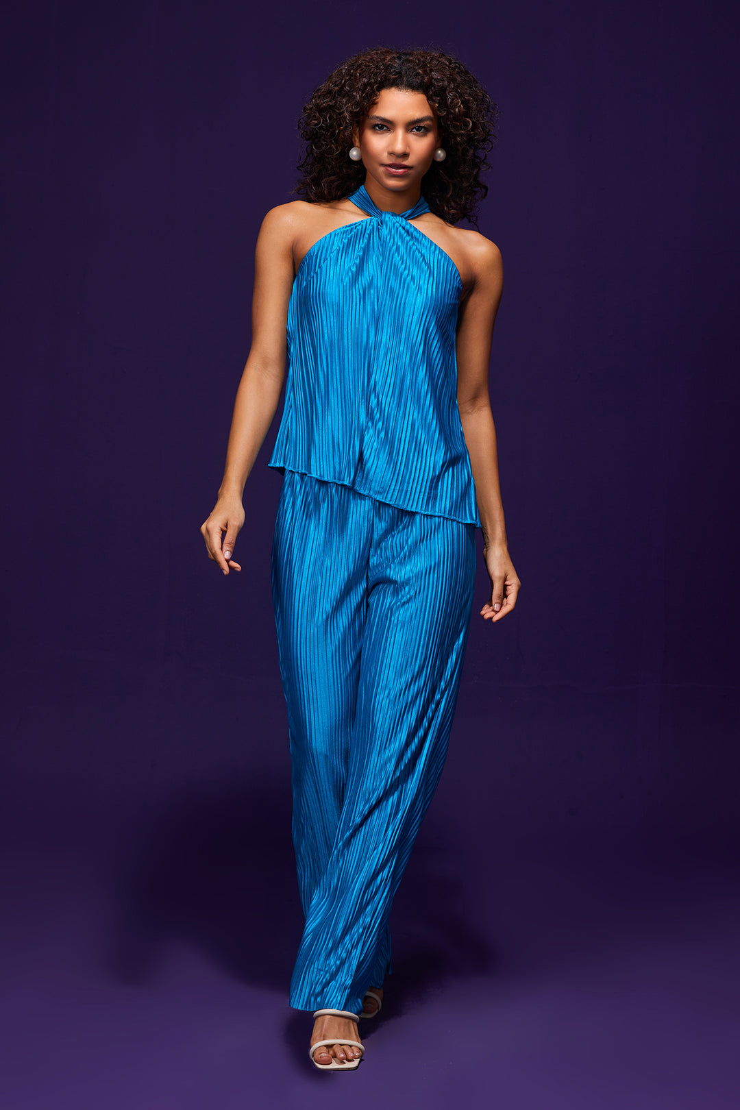 Blue Pleated Halter Neck Co-ord Set