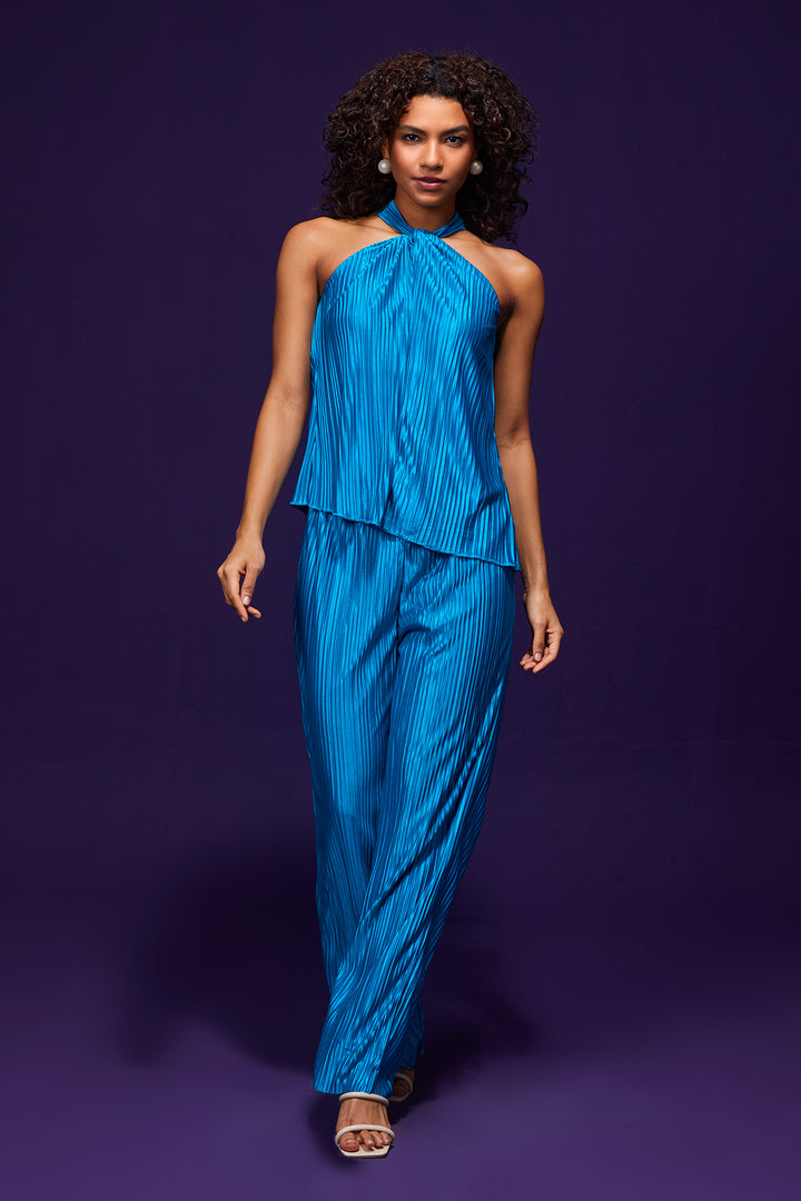 Blue Pleated Halter Neck Co-ord Set