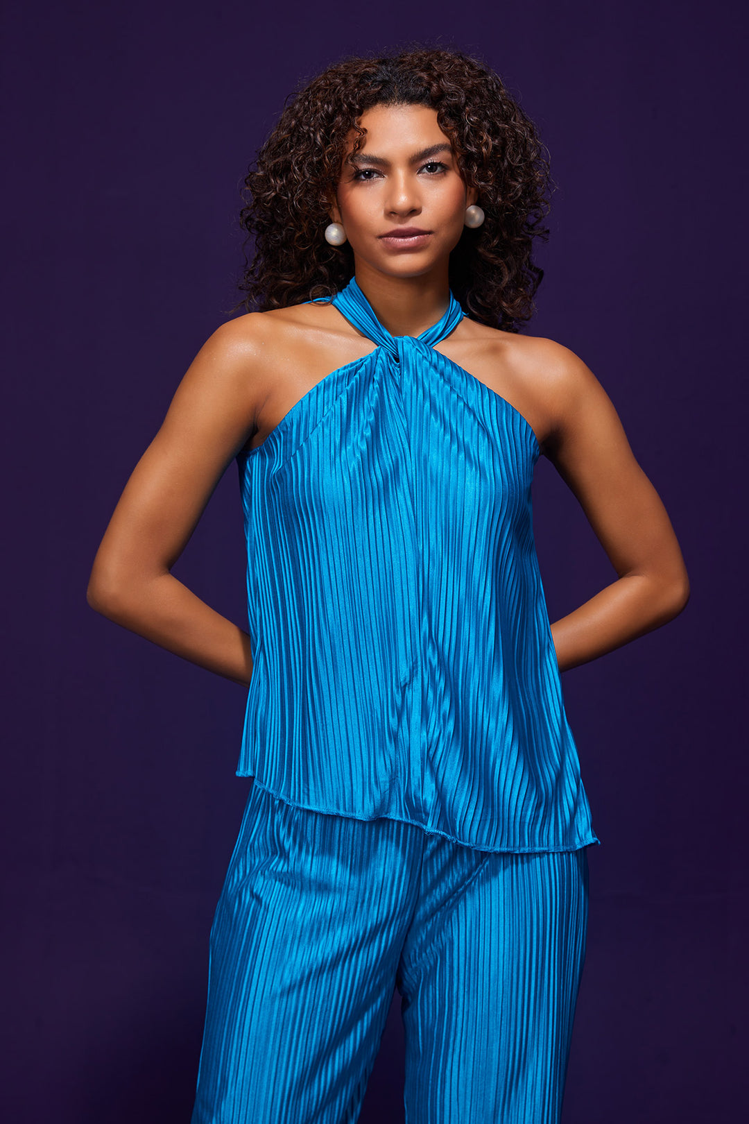 Blue Pleated Halter Neck Top